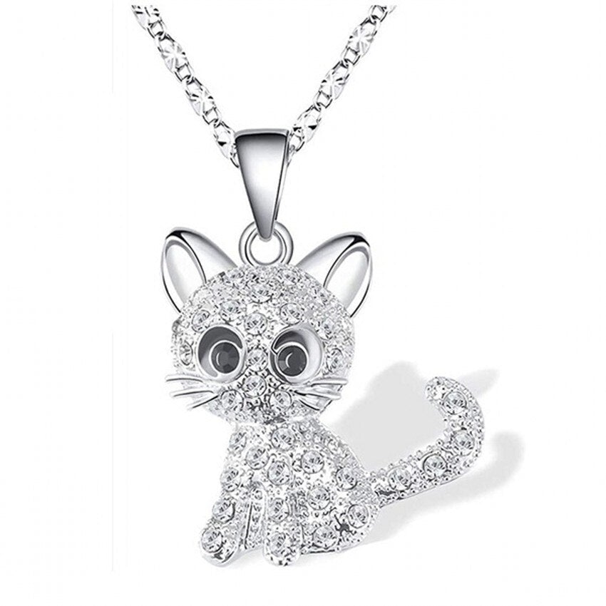 Silver kitten pendant necklace with sparkling clear-stone cat charm and chain