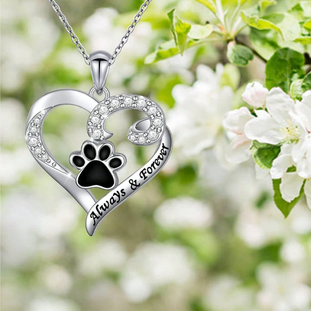Dog paw heart pendant necklace in silver with rhinestone trim and “Always & Forever”