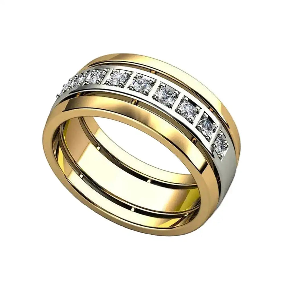 Two-tone gold and silver cubic zirconia ring with alternating polished and pave bands