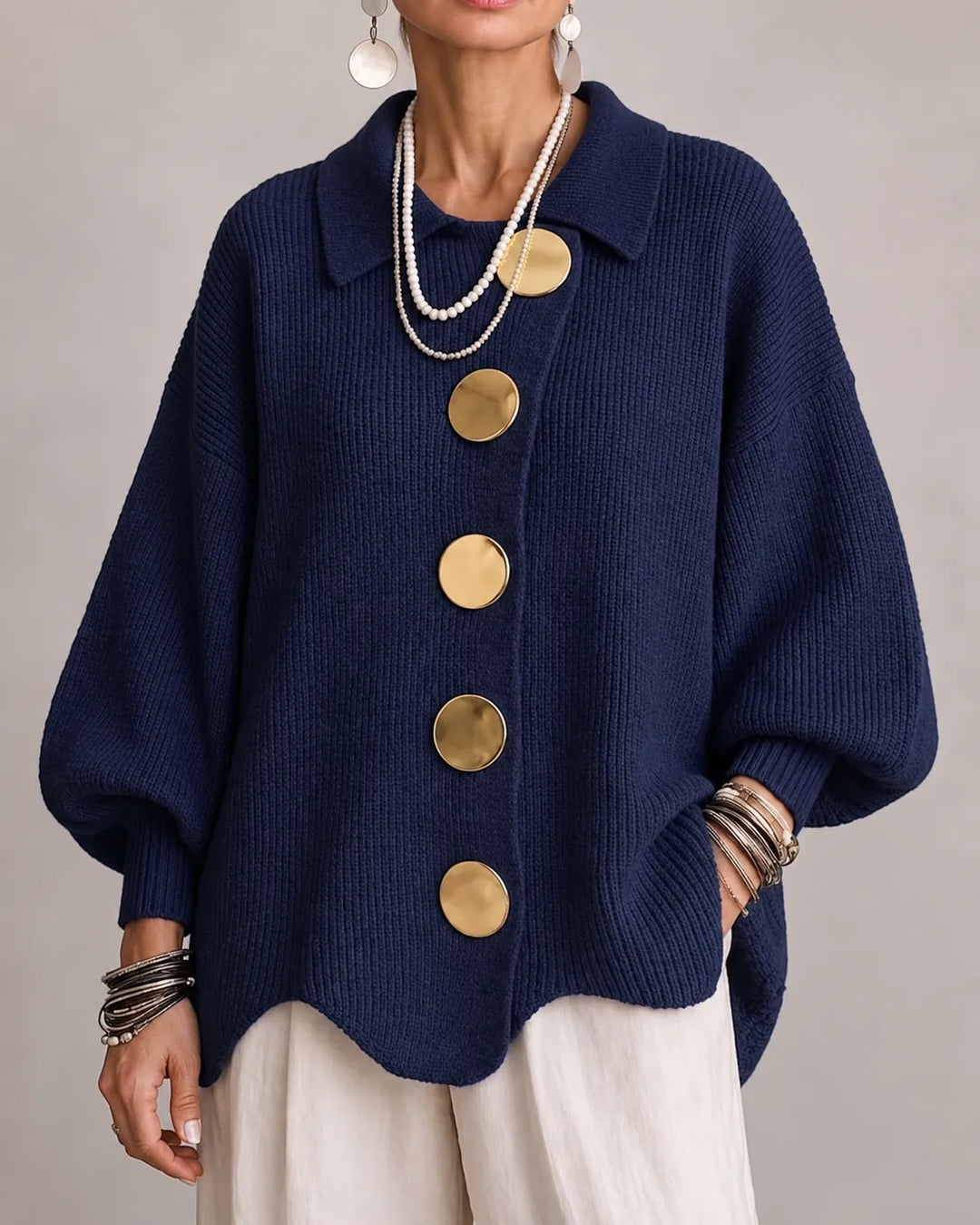 Navy oversized knit sweater with shirt collar and gold round button front