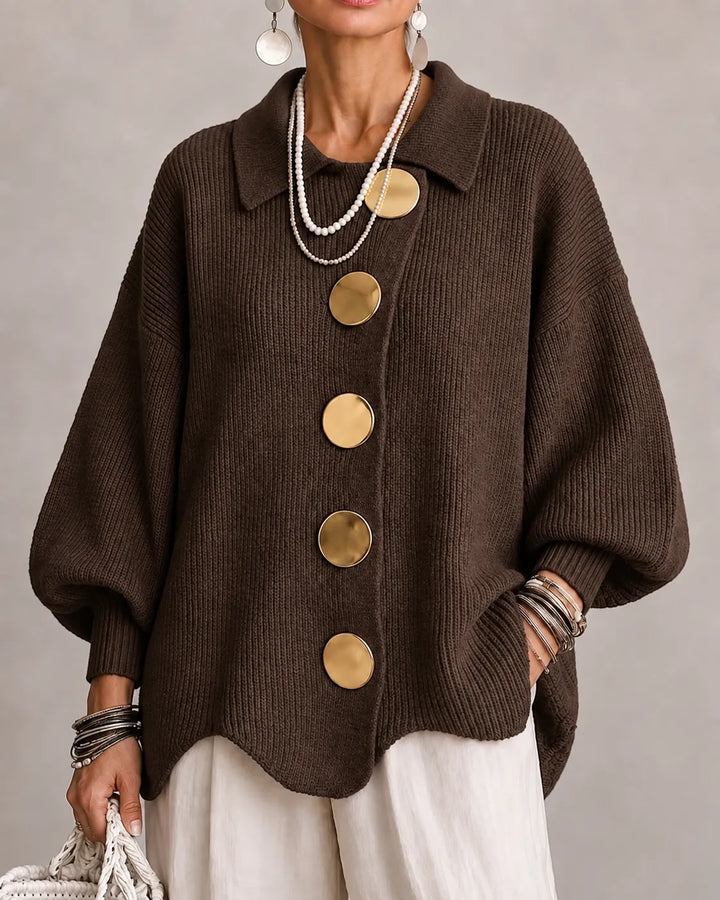 Brown oversized knit sweater with collared neckline and gold button front