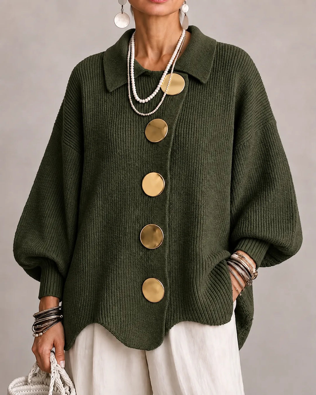 Olive oversized knit sweater with collared neckline and gold round button front