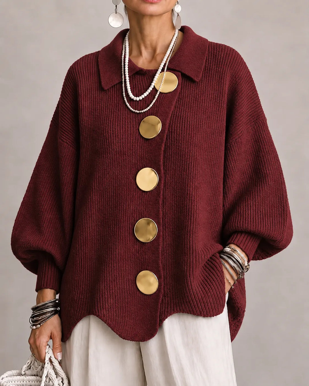Burgundy oversized knit sweater with wide collar and gold round button front