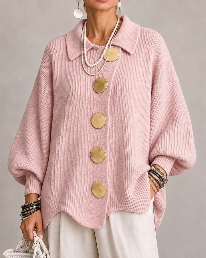 Pink oversized knit sweater with wide collar and gold round button front