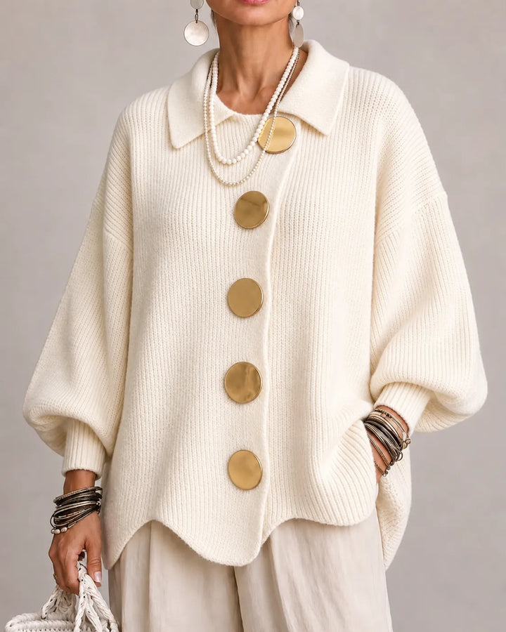 Ivory oversized knit sweater with shirt collar and gold round button front