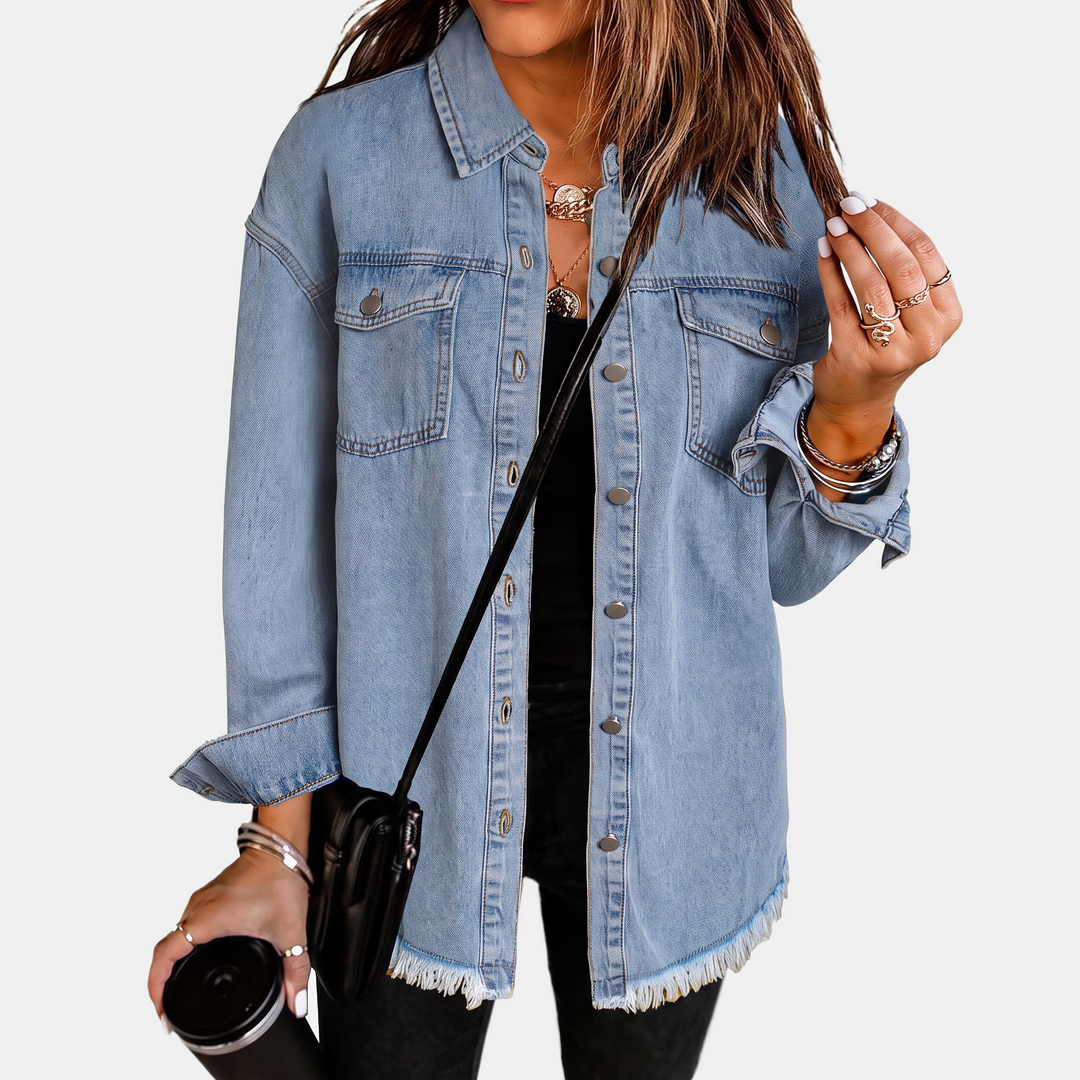 Women's Raw Hem Snap Button Washed Denim Jacket