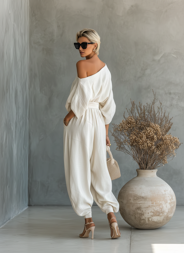 Women's Off-White Linen Set with Off-Shoulder Top and Tapered Trousers