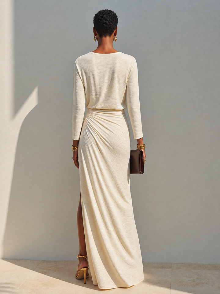 Lavinia | Long beige dress with a round neckline, draping at the waist and a slit