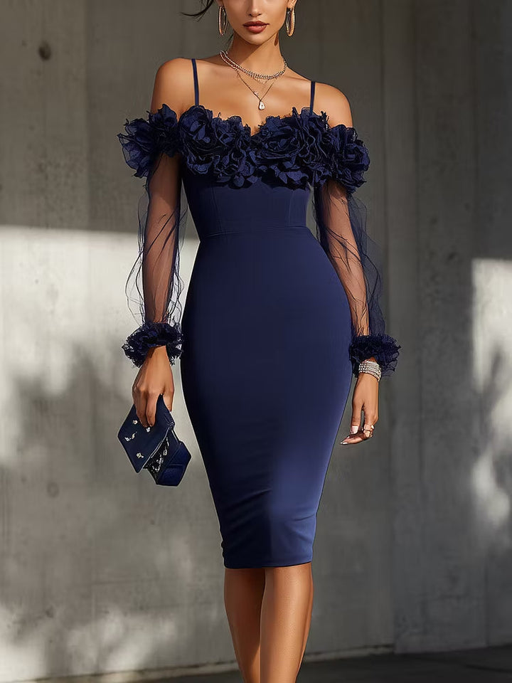 Navy blue midi dress with a fitted silhouette, off-the-shoulder design, and three-dimensional floral embellishments