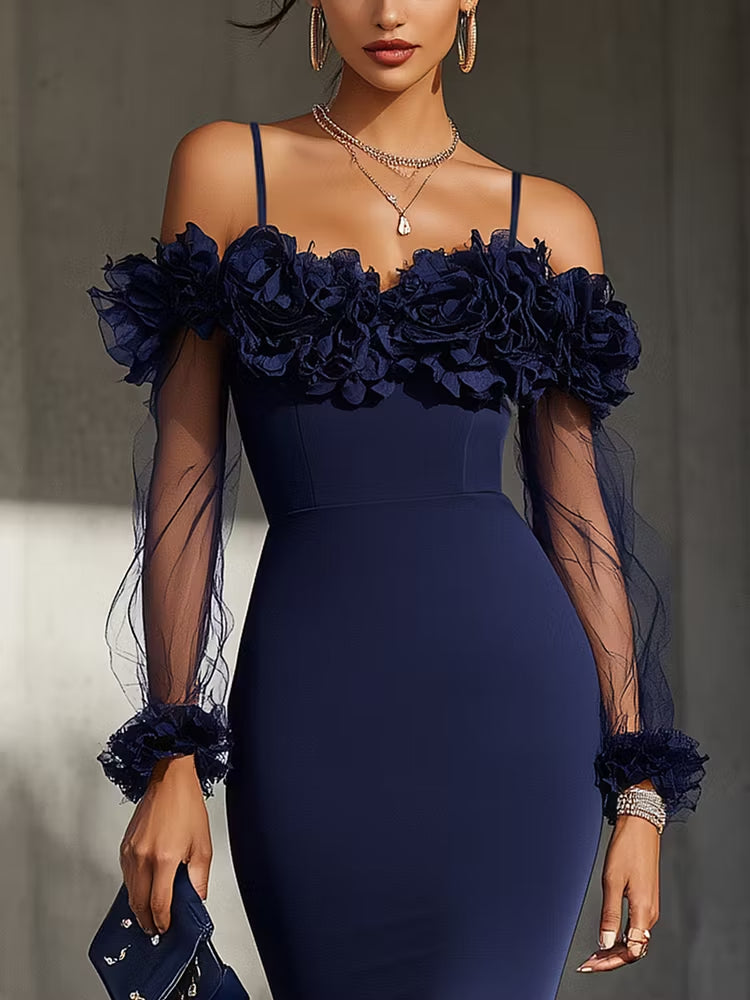 Navy blue midi dress with a fitted silhouette, off-the-shoulder design, and three-dimensional floral embellishments