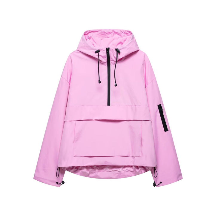 Pink hooded three-proof jacket with drawstring hood and front zip