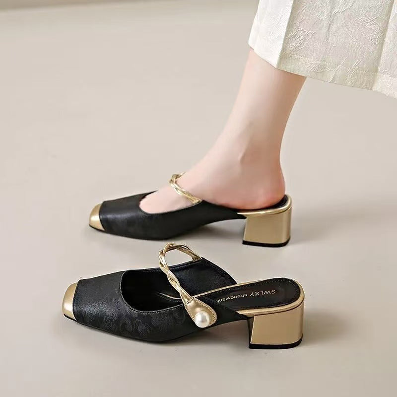 Haide | Mules with Pearl Detail and Square Toe