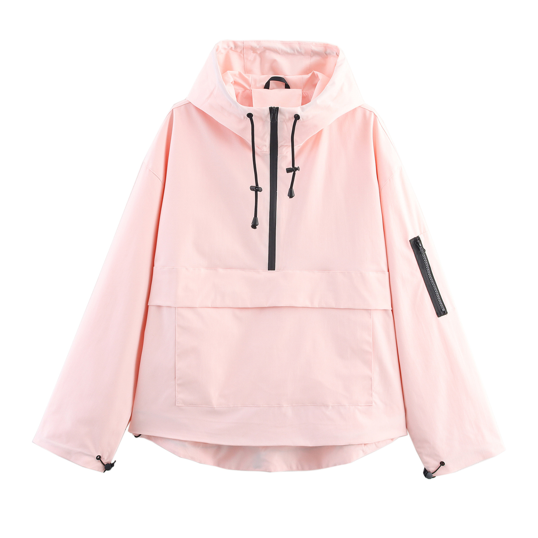 Light pink hooded three-proof jacket with drawstring hood and front zip