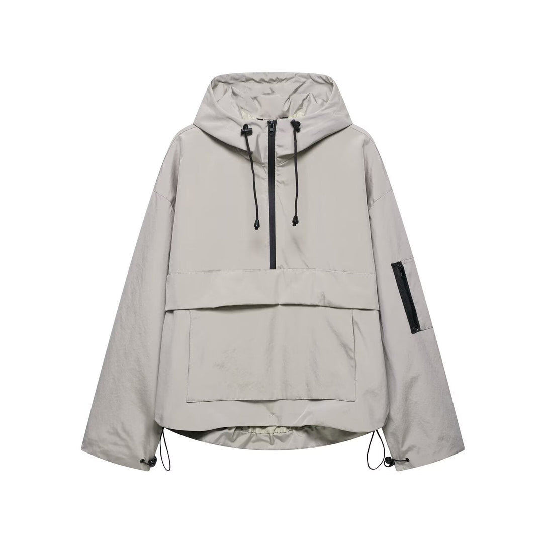 Light grey hooded three-proof jacket with drawstring hood and front zip