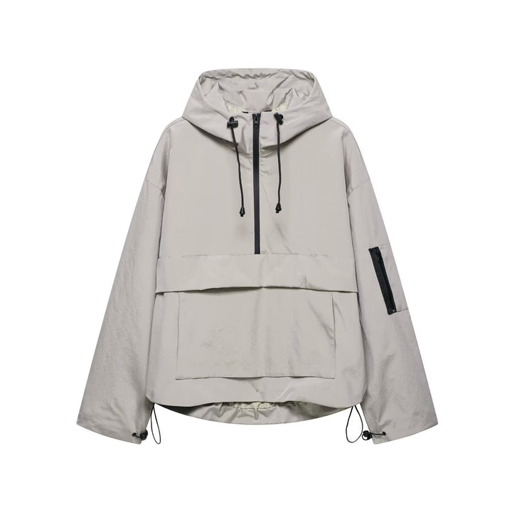 Light grey hooded three-proof jacket with drawstring hood and front zip