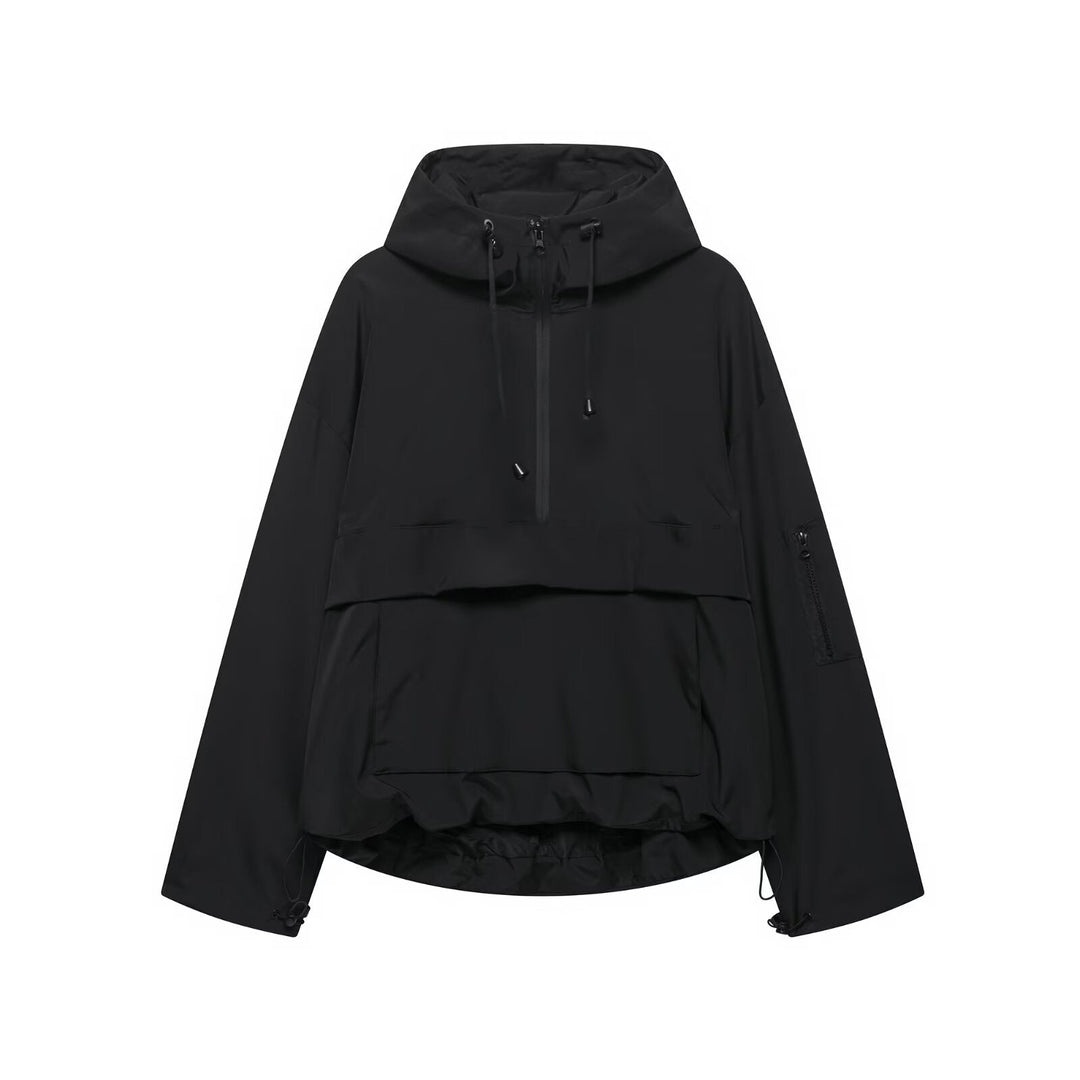 Black hooded three-proof jacket with drawstring hood and front zip