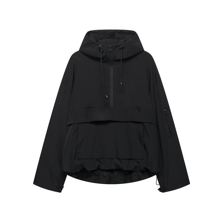 Black hooded three-proof jacket with drawstring hood and front zip