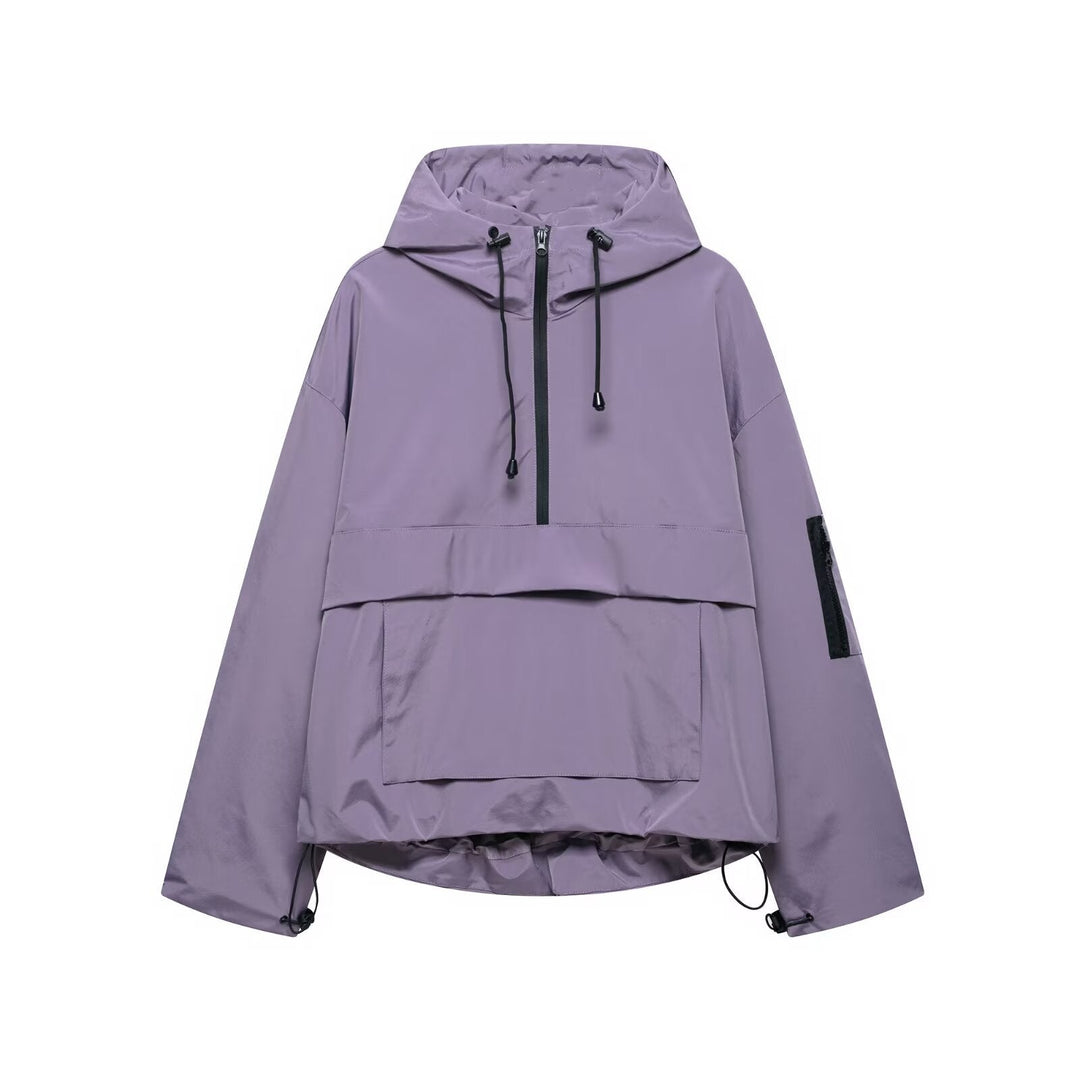 Purple hooded three-proof jacket with drawstring hood and front zip