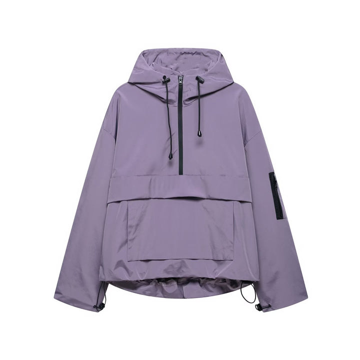 Purple hooded three-proof jacket with drawstring hood and front zip