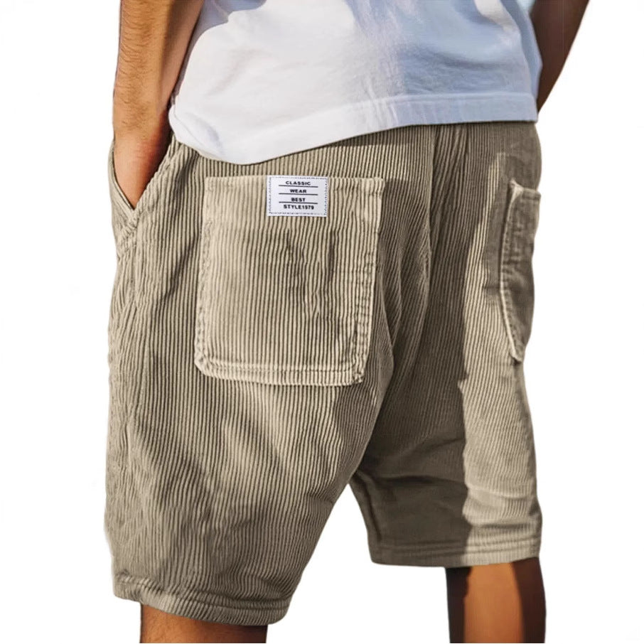 Men's khaki refined summer shorts with back patch pocket and pleated front