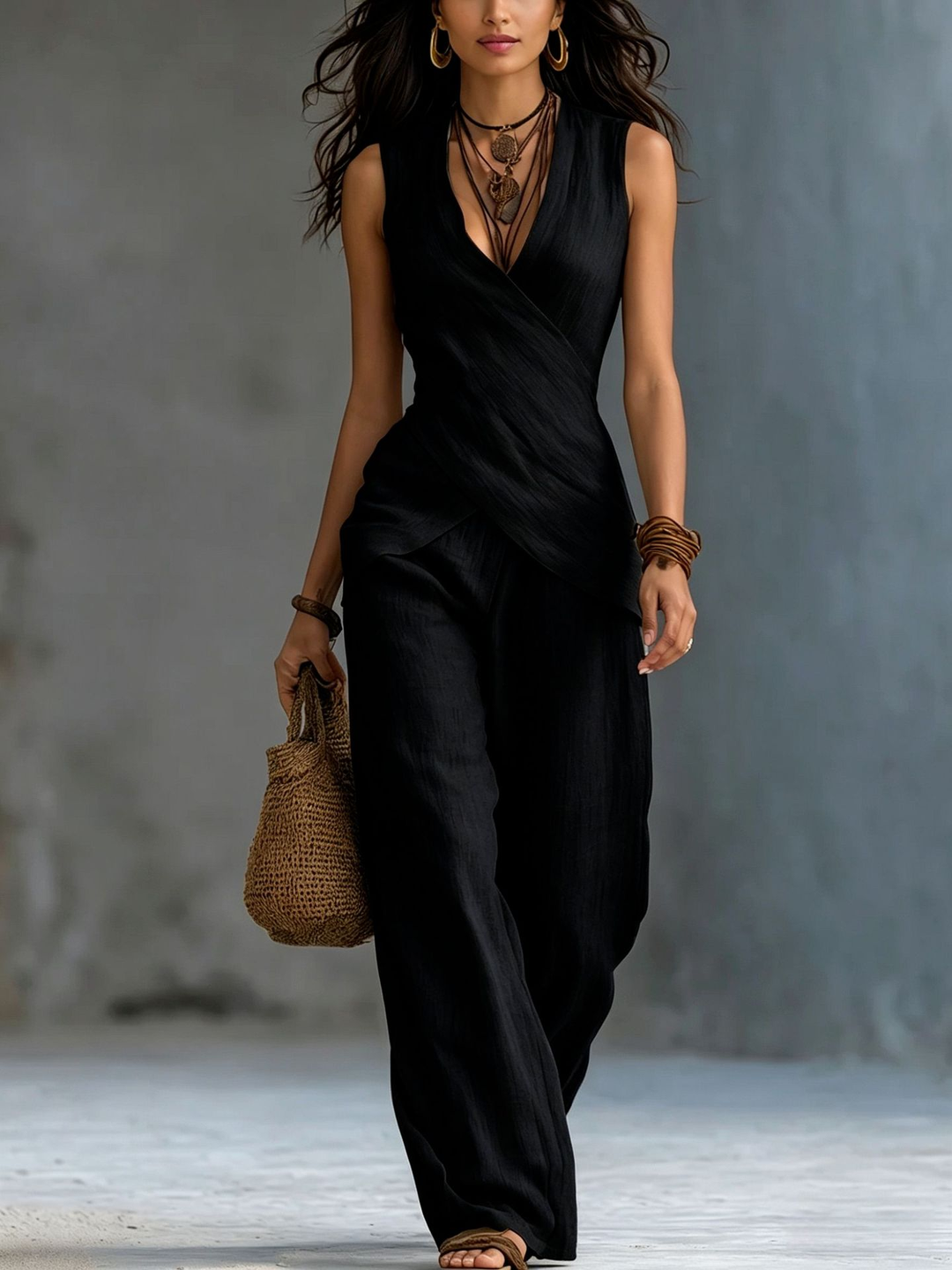 Elodie | V-Neck Wide Leg Two-Piece Set