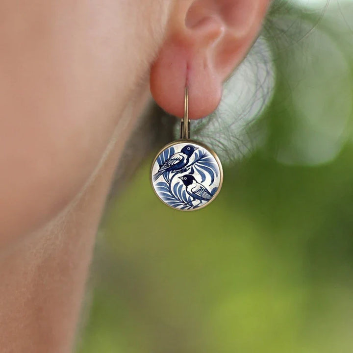 Vintage Blue Magpie Glass Dome Earrings