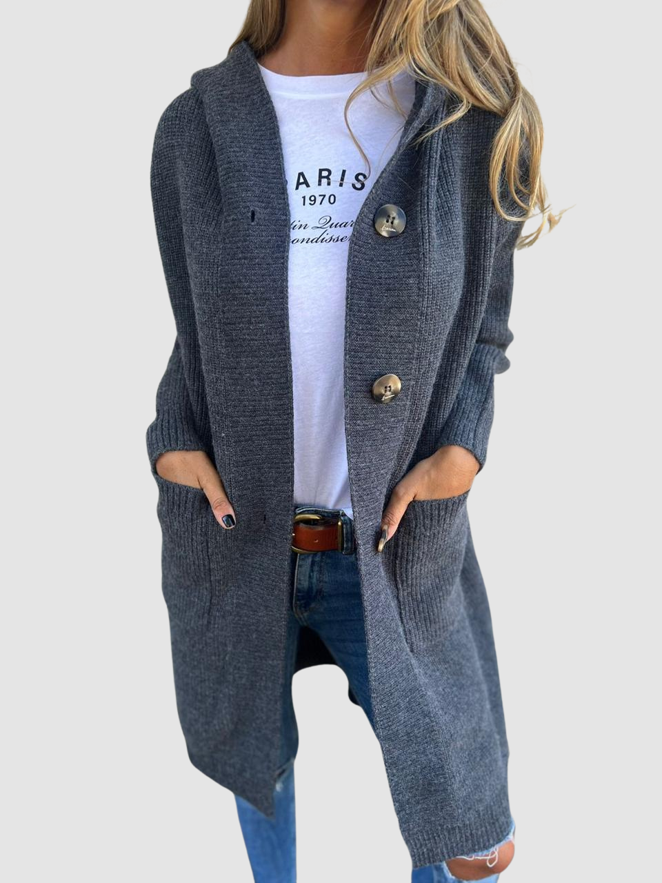Lois™ cozy knitted cardigan, dark gray, long open-front with button placket and patch pockets