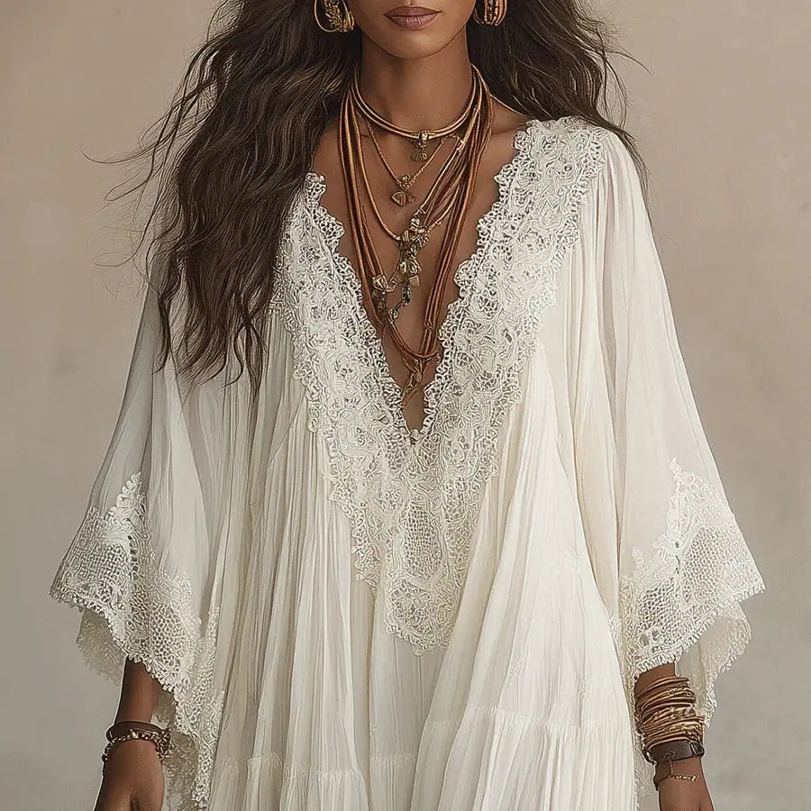 Perpetua | Lace Trim V-Neck Flowy Maxi Dress