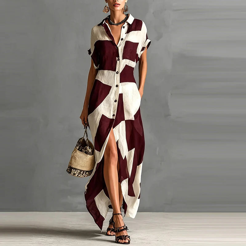 Summer dress with geometric print, lapel collar, button closure, pockets, long dress for women, short sleeves, maxi dress