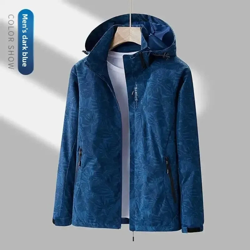 Dark blue waterproof hooded jacket with front zip, side pockets, drawcord hem