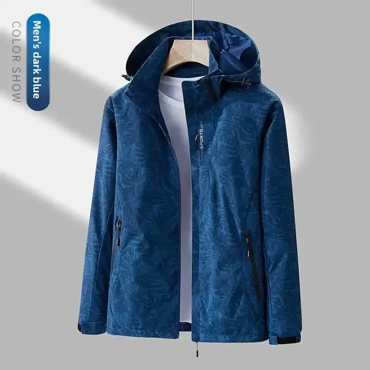 Dark blue waterproof hooded jacket with front zip, side pockets, drawcord hem