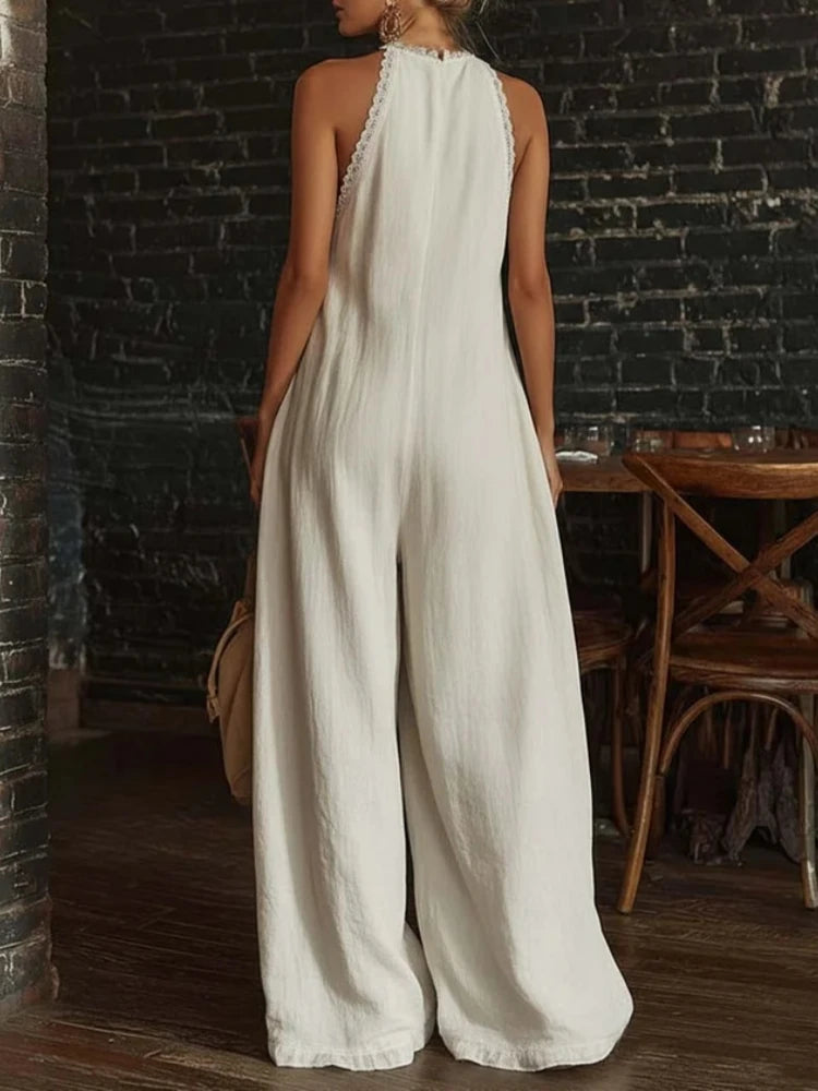 Evelyn | Lace Halter V-Neck Wide Leg Jumpsuit