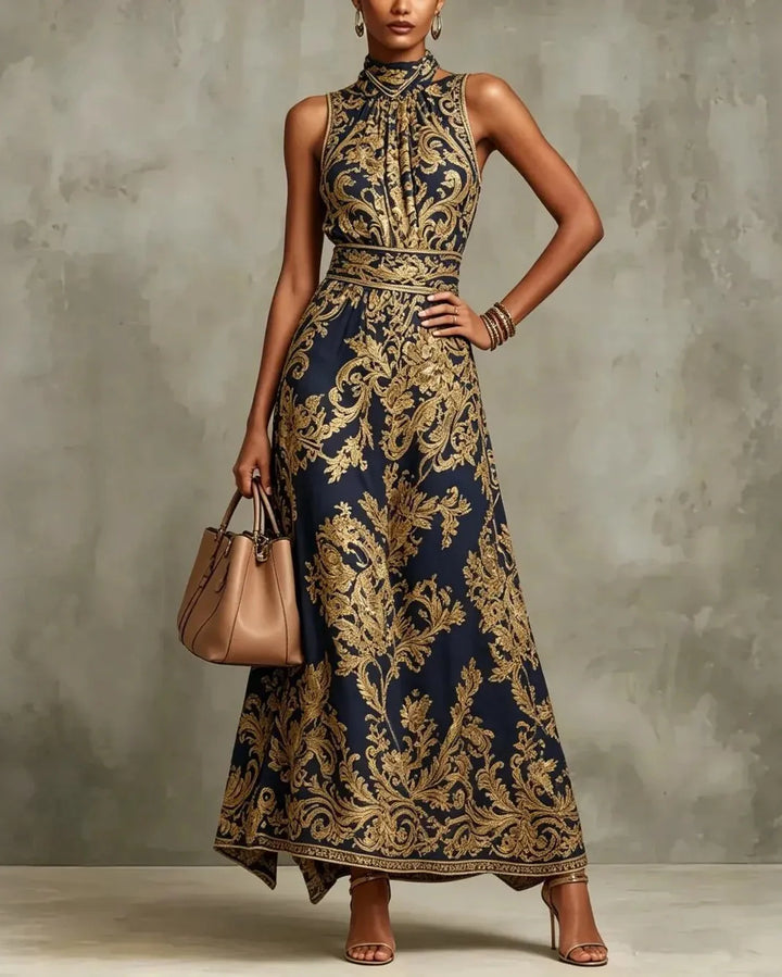 CORNELIA | GLAMOUR LONG DRESS WITH GOLD BAROQUE PRINT