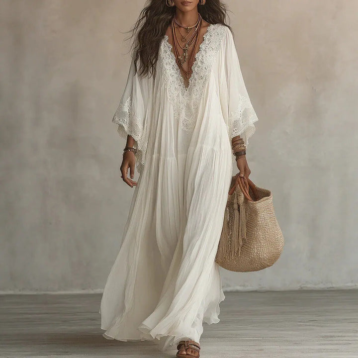 Perpetua | Lace Trim V-Neck Flowy Maxi Dress