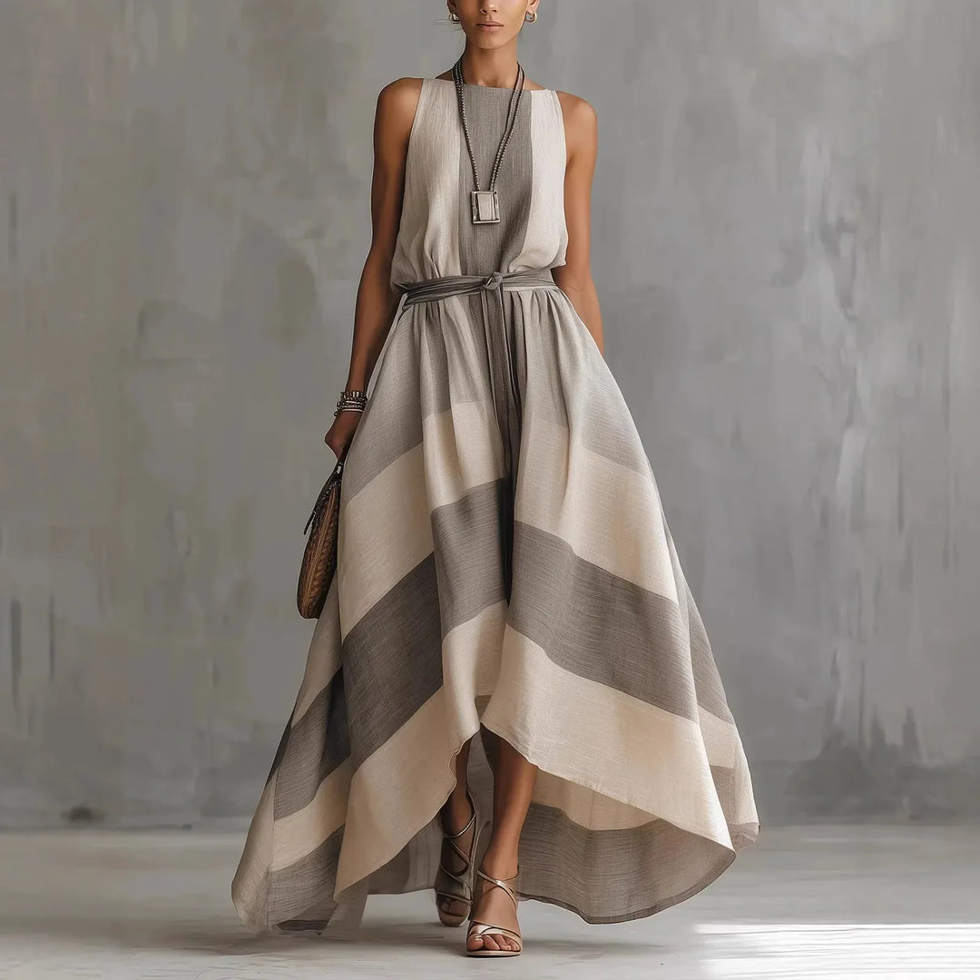 Summer New Irregular Maxi Dresses Women's Fashion O-Neck Striped Sleeveless Dress with Large Hem Casual Plain Loose Party Dress for the Beach