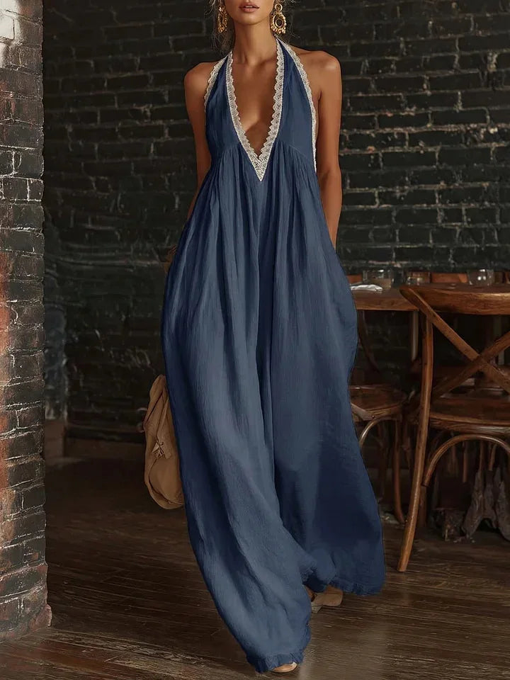 Evelyn | Lace Halter V-Neck Wide Leg Jumpsuit