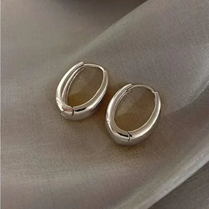 Silver hoop earrings with smooth rounded oval shape and hinged clasp