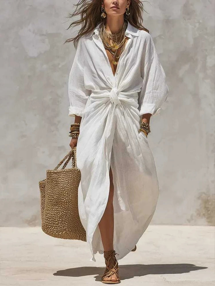 Boho white linen cotton shirt dress with long sleeves, high waist, button detail, maxi dress, casual, loose fit, split hem, summer dress for women
