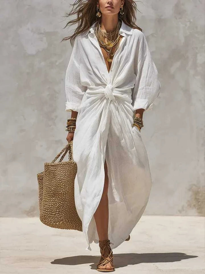 Boho white linen cotton shirt dress with long sleeves, high waist, button detail, maxi dress, casual, loose fit, split hem, summer dress for women