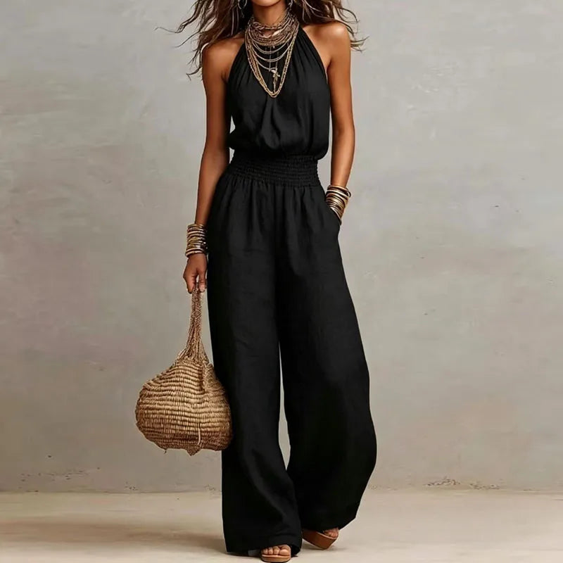Summer Plain High Waist Ladies Jumpsuits Elegant Halter Tie-up Backless Rompers Casual Sleeveless Wide Leg Overalls