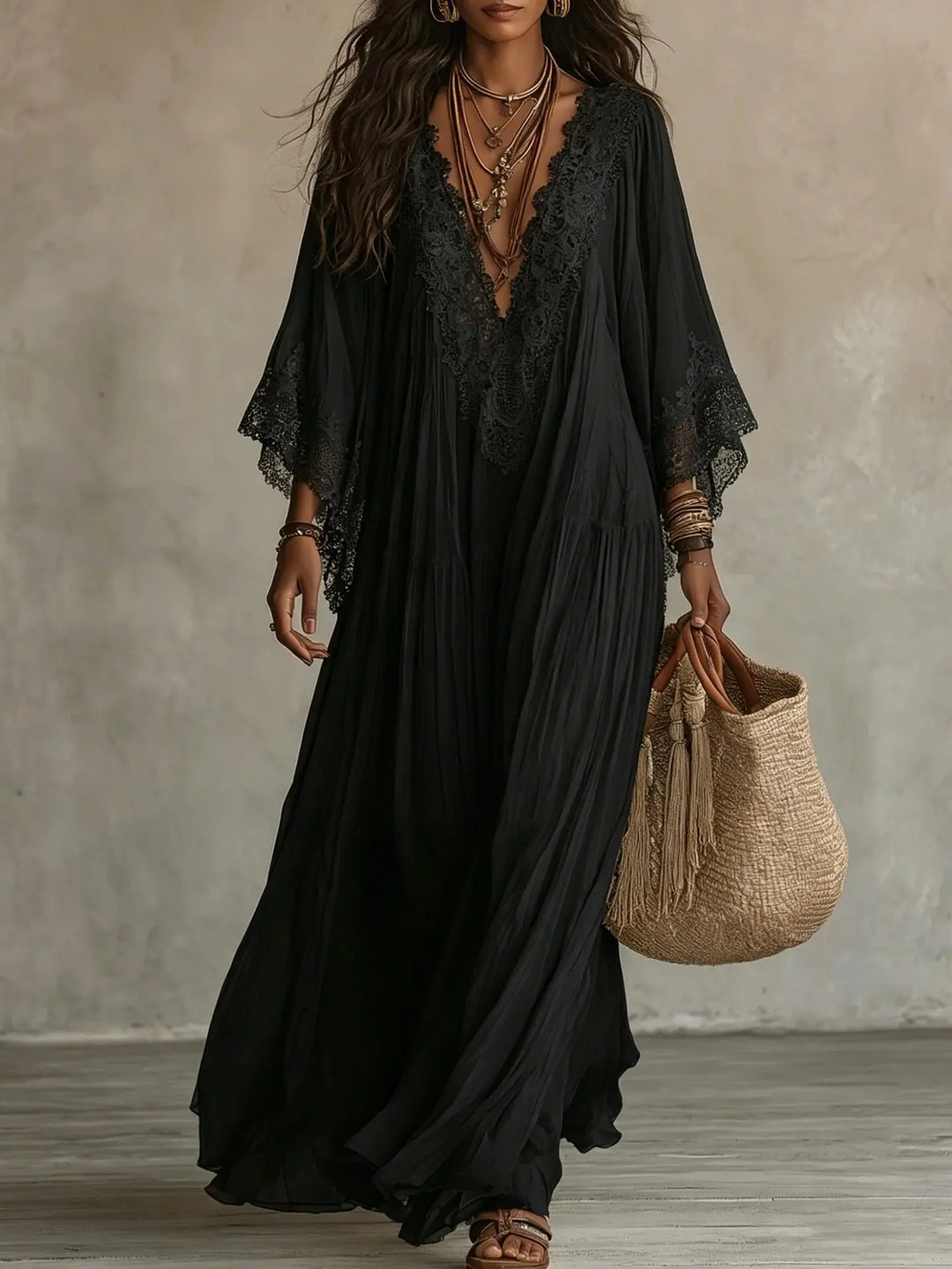 Perpetua | Lace Trim V-Neck Flowy Maxi Dress