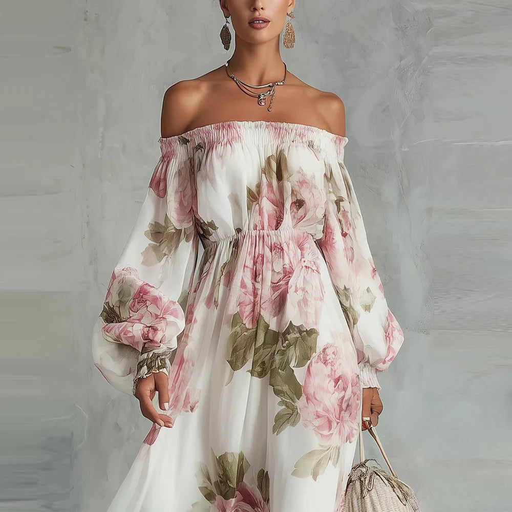 PEONY | Off-Shoulder Floral Maxi Dress with Long Sleeves