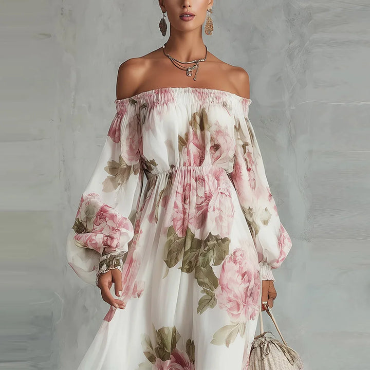 PEONY | Off-Shoulder Floral Maxi Dress with Long Sleeves