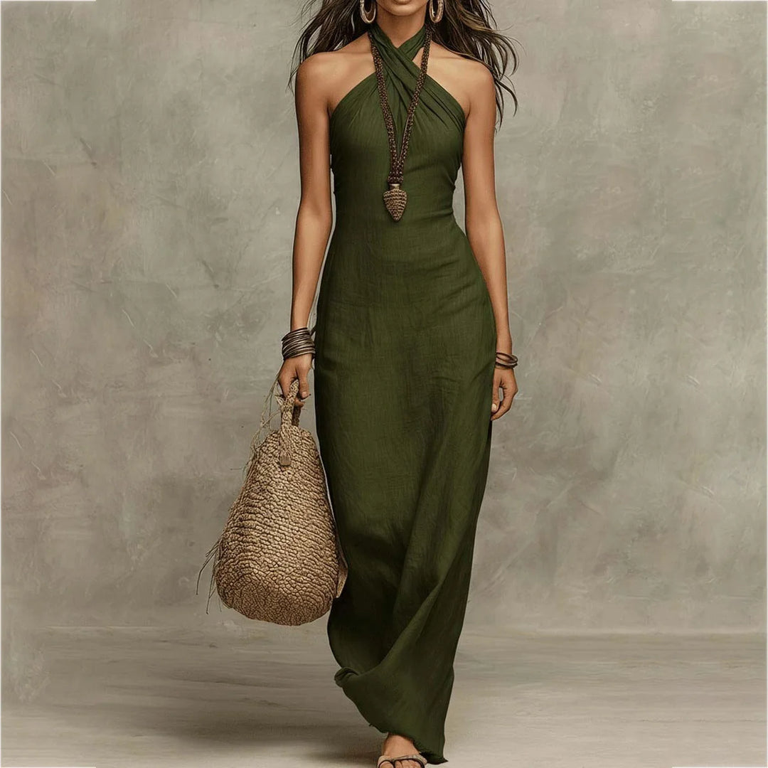 Women's Summer New Bohemian Off-Shoulder Sleeveless Dresses Solid Hollow Slim Long Dress Chic Sexy Halter Criss Cross Party Dress