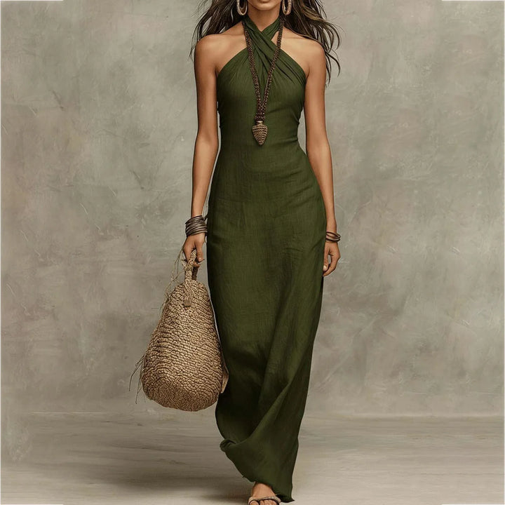 Women's Summer New Bohemian Off-Shoulder Sleeveless Dresses Solid Hollow Slim Long Dress Chic Sexy Halter Criss Cross Party Dress