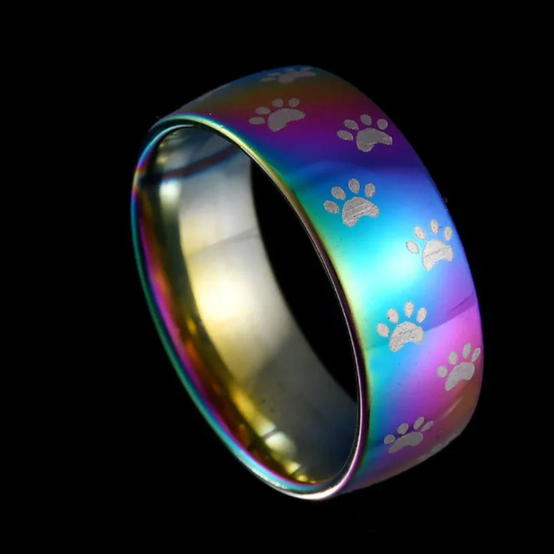 Rainbow stainless steel paw print ring, multicolor paw pattern on band