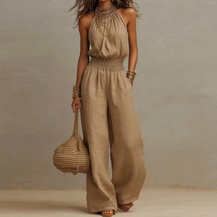 Summer Plain High Waist Ladies Jumpsuits Elegant Halter Tie-up Backless Rompers Casual Sleeveless Wide Leg Overalls