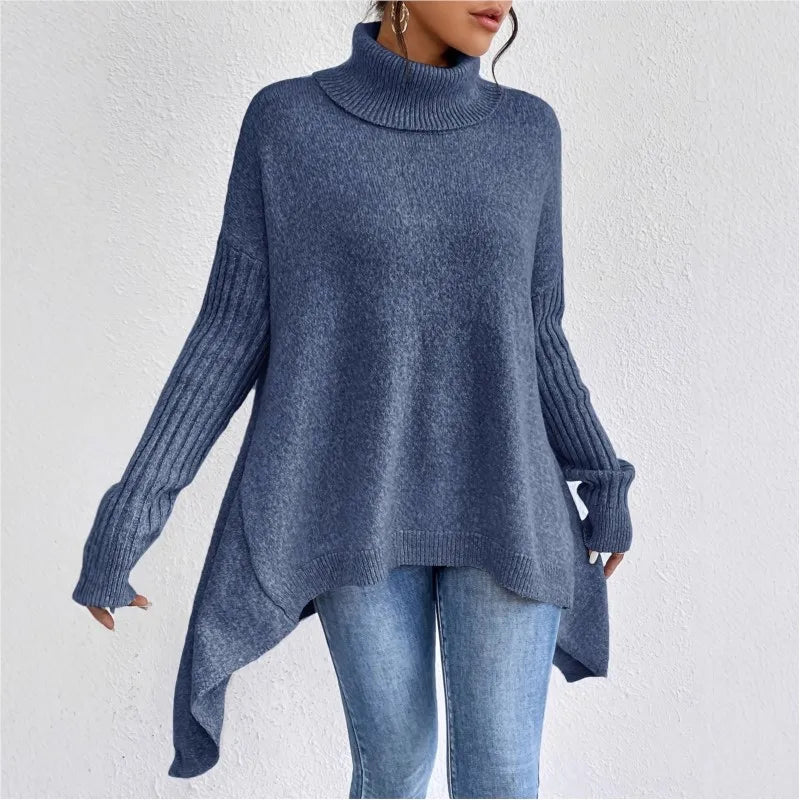 Blue high-neck knit sweater with asymmetrical hemline and long ribbed sleeves