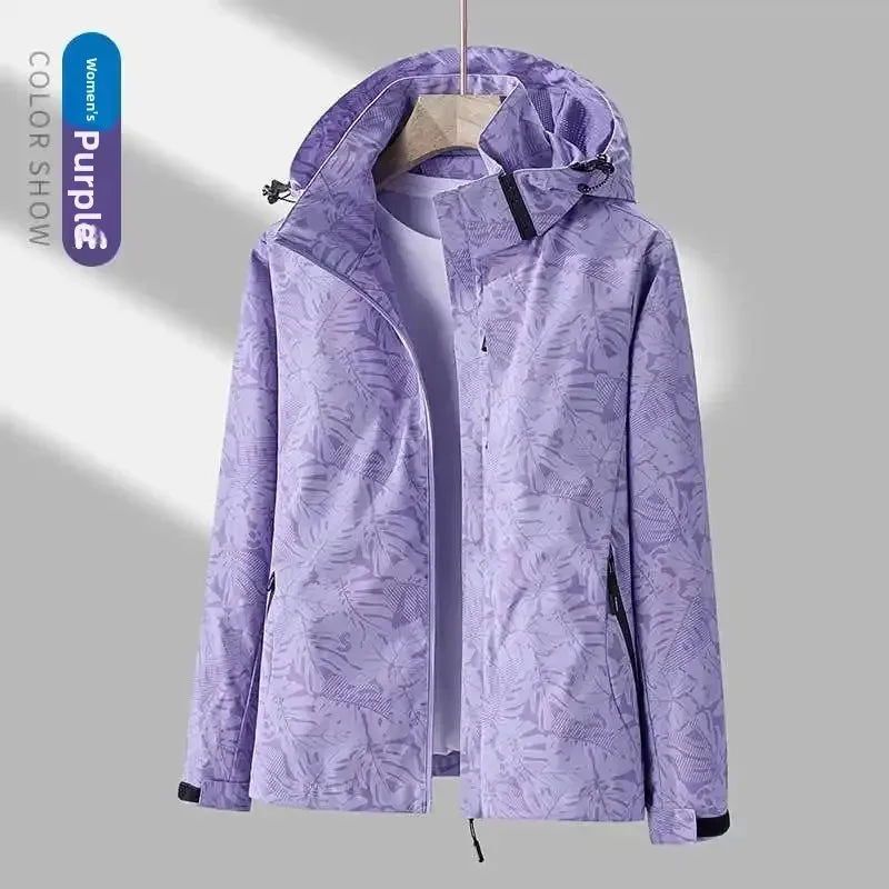 Purple waterproof hooded jacket with front zip, storm hood, drawcord hem