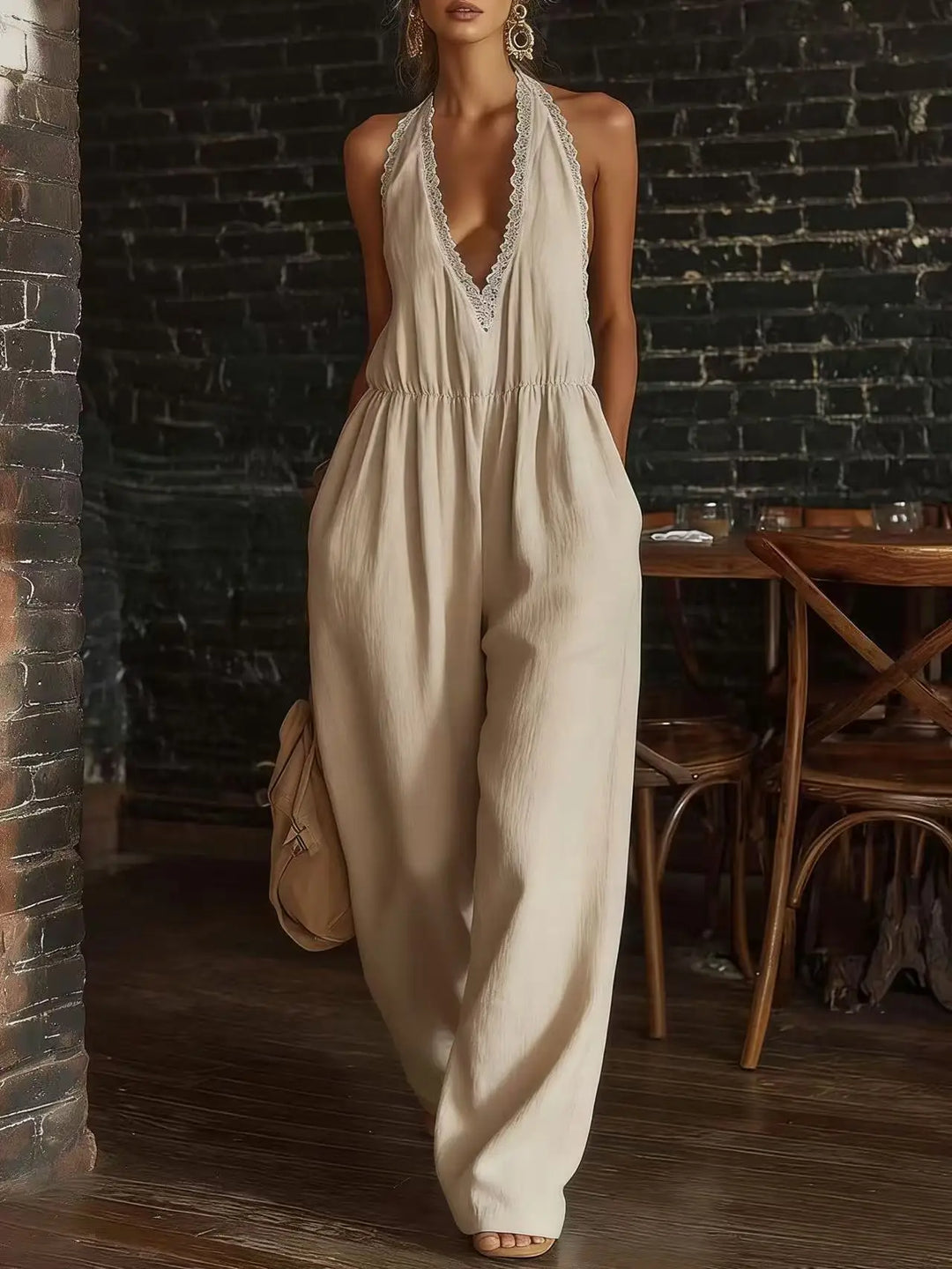Evelyn | Lace Halter V-Neck Wide Leg Jumpsuit